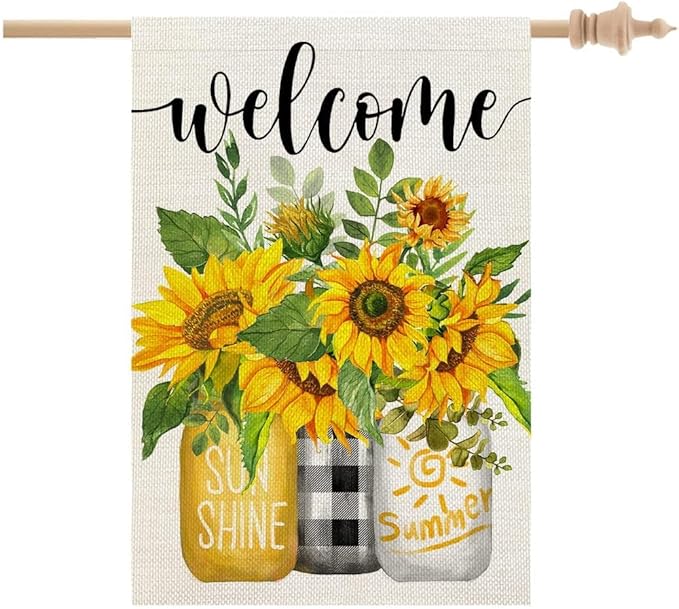 CROWNED BEAUTY Summer Sunflower House Flag Mason Jar Double Sided 28x40 Inches Large Burlap Seasonal Welcome Yard Porch Decoration for Outside