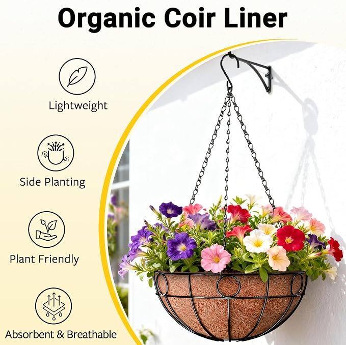 ZeeDix 16 Inch Large Hanging Baskets for Plants Outdoor, 2 Pack Round Metal Wire Planter Basket with Coco Coir Liner, Hanging Flower Pots for Garden Yard Patio Porch Balcony Decor