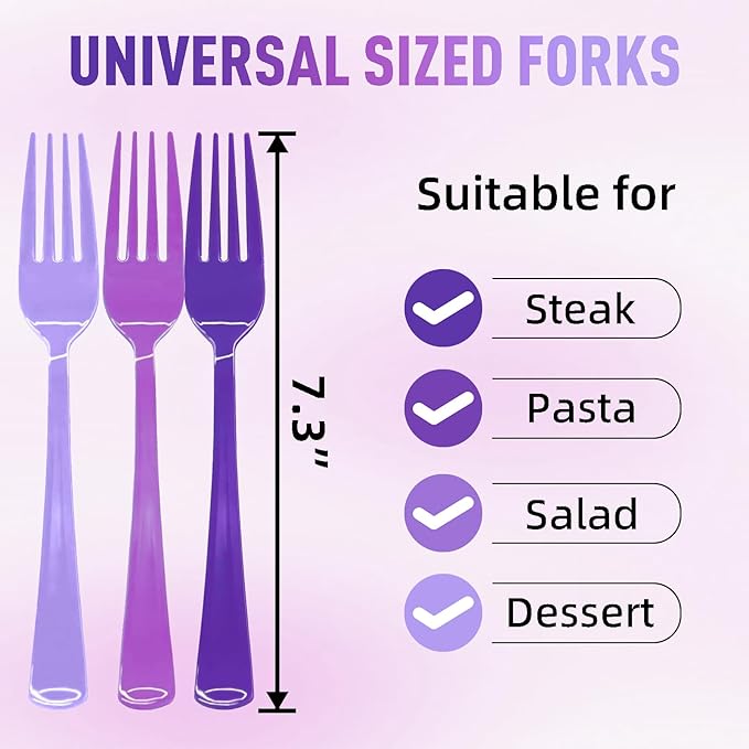60 PCS Purple Plastic Forks Heavy Duty Purple Plastic Cutlery Set Disposable for Birthday, Baby Shower, Graduation Party, Picnic