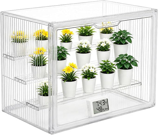 Mini Greenhouse Indoor Clear, Small Portable Tabletop Greenhouse with Indoor Greenhouse Door Thermometer and Hygrometer for Seed Starting, Plant Cabinet Grow Warmer and Home Gardening Display