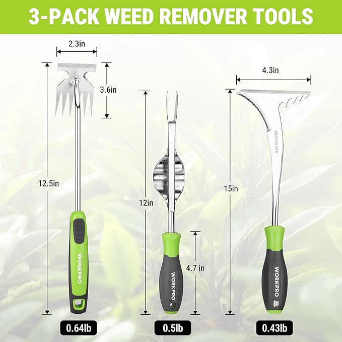 WORKPRO 3-Piece Weed Puller Tool Set – 15" 6-Tine Weed Remover, 12" Hand Weeder, 12.5" Crack Weeder, Stainless Steel with Ergonomic Handle for Lawn, Garden, Yard