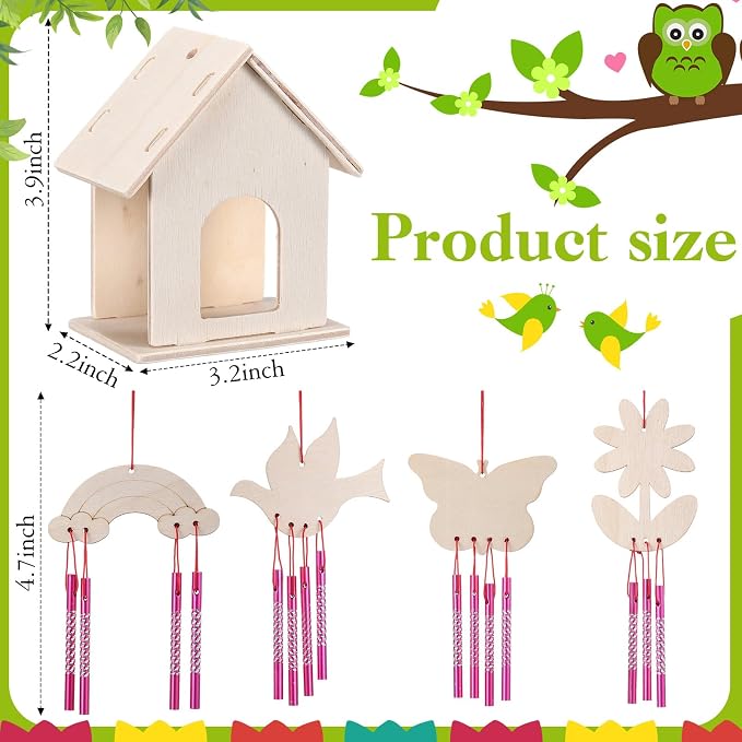 Feifeiya 24 Sets DIY Birdhouse Wind Chime Kit Build and Paint Birdhouses Wooden Arts 24 Unfinished Wooden Bird House 24 Wind Chime 38 Butterfly Sticker 24 Watercolor Arts for Activity(Elegant)
