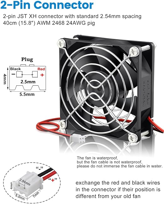 GDSTIME Waterproof Fan 80mm x 25mm IP67 Rating 24V Small Dual Ball Bearing Brushless DC Case Fans 2 Pin for RV Fridge Cooling Mini Greenhouse Ventilation, 2-Pack