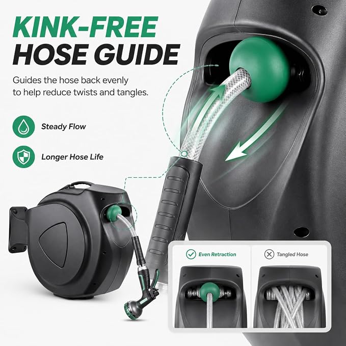 Retractable Garden Hose Reel, 130FT Wall Mounted Auto Rewind Water Hose Reel with 180° Swivel Bracket, Any Length Lock, Kink-Free Hose Guide, Multi-Pattern Spray Nozzle for Yard, Lawn & Outdoor