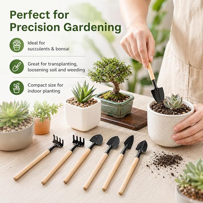 Garneck 8 Sets Mini Gardening Tools with Metal Rake Trowel and Shovel - Succulent Potting Planting Kit for Indoor - Small Gardening Tools for Cultivating Weeding Transplanting