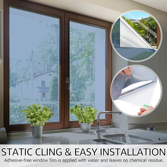 HIDBEA One Way Mirror Window Film ,Daytime Privacy Sun Blocking Reflective Window Film Static Cling Heat Control Window Tinting Film for Home and Office, Blue Silver, 35.4 x 196.8 Inch