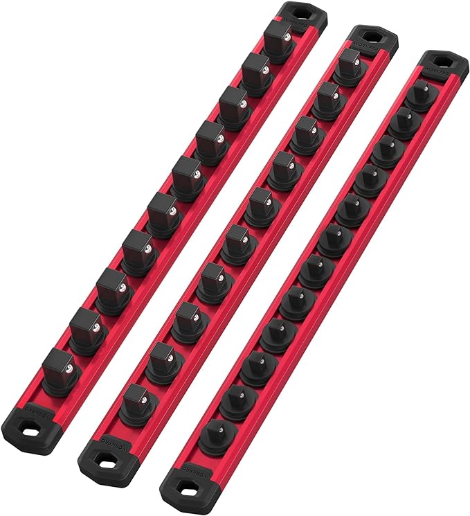 WORKPRO Magnetic Socket Organizer Set, 3-Piece Aluminum Alloy Socket Rail, Heavy Duty Socket Holder, Socket Rack Kit 1/4-Inch x 12 Clips, 3/8-Inch x 10 Clips, 1/2-Inch x 10 Clips (Red)