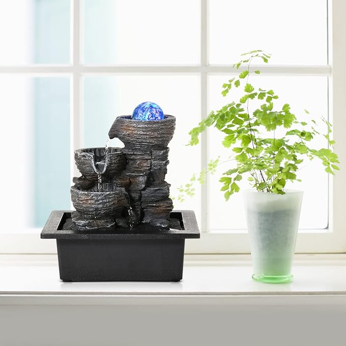 Dyna-Living Water Fountain Indoor Tabletop Waterfall Fountain with Coloured LED Light, Desktop Decorative Water Fountain, Office Fountain Waterfall for Desk, Zen Water Fountain for Home Decor