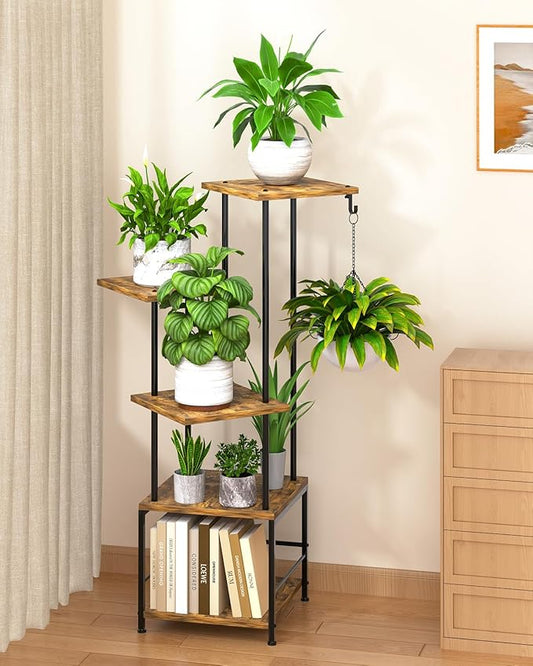 Homsorout Plant Stand Indoor - 5-Tier Metal Plant Shelf with Hanging Basket Hook, Corner Tall Flower Holder for Multiple Plants, Living Room Balcony Garden Patio, Rustic