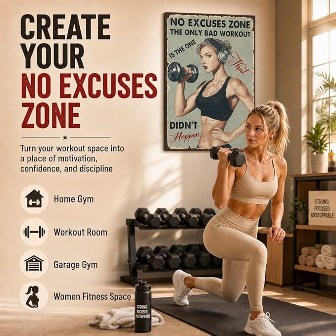 No Excuses Zone Vintage Gym Tin Sign for Women Home Gym Decor Motivational Metal Wall Art Retro Fitness Room Sign for Workout Room Garage Gym She Shed 12x8 Inch