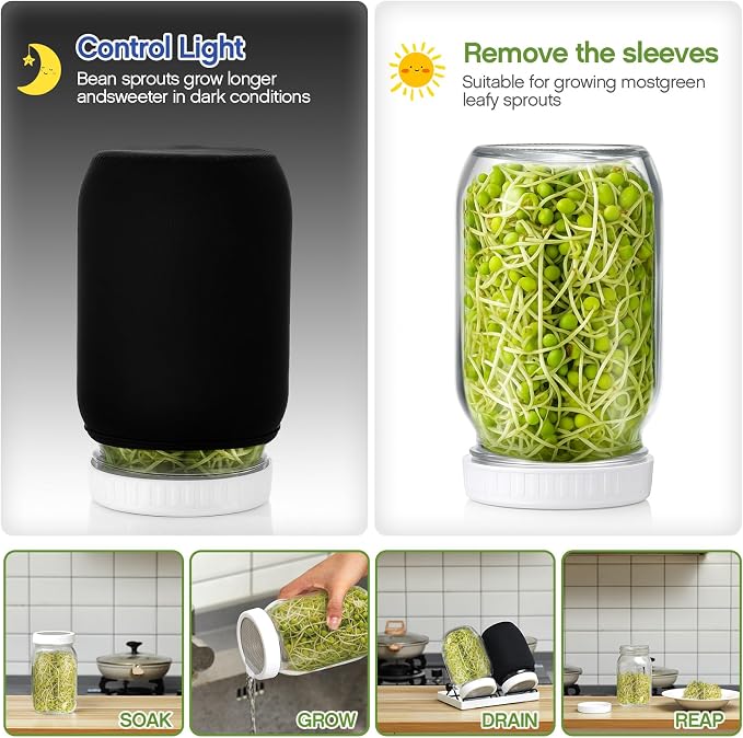 LemonRoad 18 Pcs Seed Sprouting Kit with 1000 ml Mason Jars and Blackout Sleeve, Separate Bracket 316 Stainless Steel Screen, Drain Tray Grow Organic Broccoli, Alfalfa, Mung Bean Sprouts