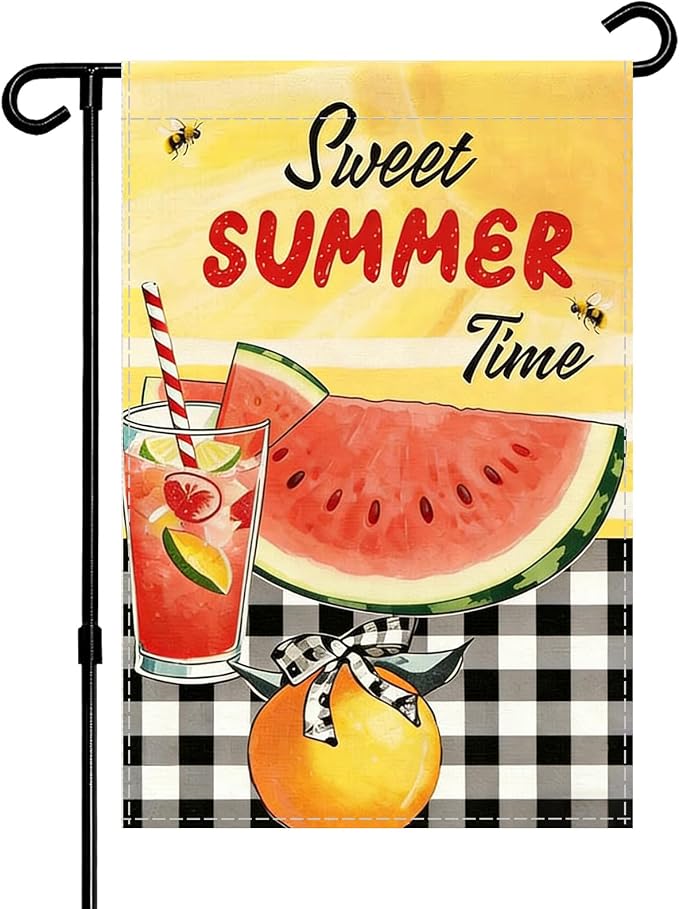 Sweet Summer Time Garden Flag, Buffalo Plaid Check Lemon House Yard Watermelon Bee Lemonade Outside Decoration, Seasonal Farmhouse Outdoor Small Burlap Decor Double Sided 12x18 Farmhouse Outdoor Yard Decoration