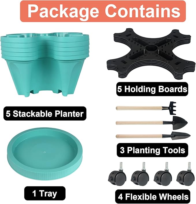 GameXcel Vertical Planter Tower - 5 Tier Stackable Garden Planters with Wheels and Tools Plant Pots for Strawberry Herb Flower and Vegetable Indoor Outdoor Use Teal 2 Pack