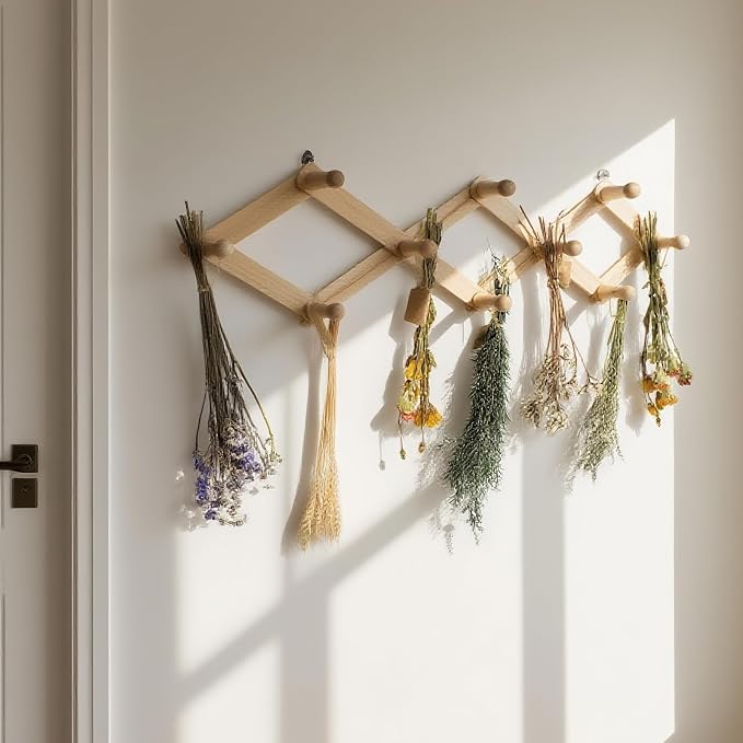 Tnstbiee Rustic Adjustable Hanging Herb Drying Rack-Holds 10 Bouquets, Space-Saving Herb Flower Dryer with Adhesive Wall Hooks for Herb Display Rack,Kitchen Wall Décor-Unusual Gifts for Gardener Woman