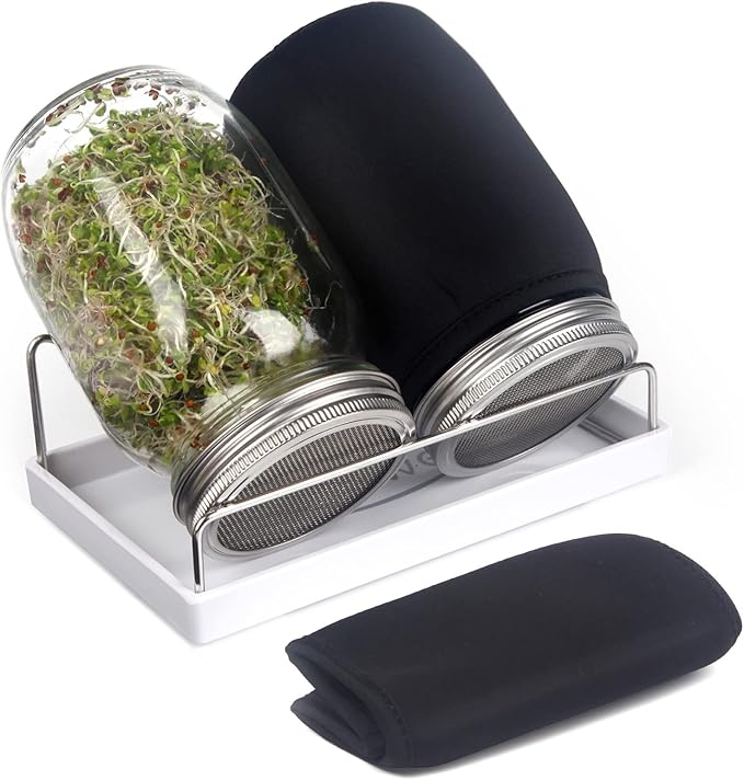 Sprouting Jar Kit-2 Wide Mouth Quart Mason Jars with 316 Stainless Steel Screen Sprout Lids, Drip Tray, Stand | Seed Sprouter Set for Growing Broccoli, Alfalfa, Mung Bean