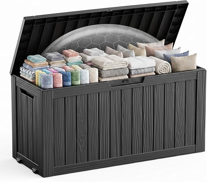 EasyUp 92 Gallon Reinforced Resin Deck Box – Waterproof & UV-Resistant Outdoor Storage, Large Capacity Patio Storage Bin for Furniture Cushions, Throw Pillows, Garden Tools, Pool Floats, Black