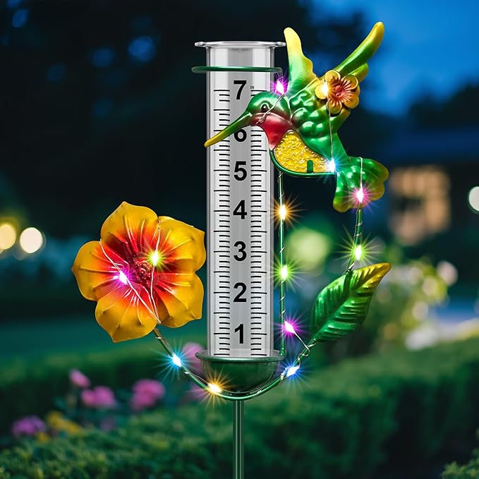 shumi Rain Gauge Outdoor - Solar Hummingbird Rain Gauges with LED Solar Lights, Freeze Proof Adjustable Height, Metal Water Gauge for Yard Garden Decor, Gardening Gifts for Women