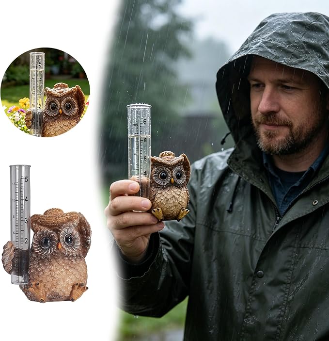 Owl Rain Gauge for Yard Patio, Cute Small Rain Collector Decorative, Unique Outdoor Gardening Garden Ornament with Tube for Home Garden, Deck, Porch, Backyard, Patio & Lawn (Khaki)