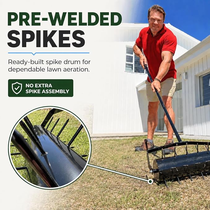 Manual Roller Lawn Aerator with Pre-Attached Spikes, Easy-to-Assemble | Designed For Seasonal Lawn Care, Heavy-Duty Roller with Adjustable Weight, Pre-Attached Spikes, and Easy Assembly
