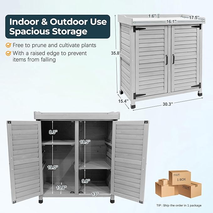 Outdoor Garden Storage Cabinet with Potting Bench, Wood Cabinet with Metal Top, Planting Workstation Table for Patio, Backyard and Garden Tools (Grey)