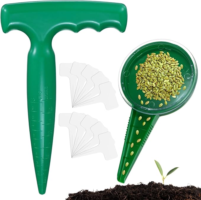 M METERXITY 1-Set Seed Planter Tool, Plastic Hand Dibber Garden Tool with Handle for Sowing Seeds/Transplanting/Planting Bulbs, Handheld Digging Hole Punch [Dark Green, with Plant Labels]