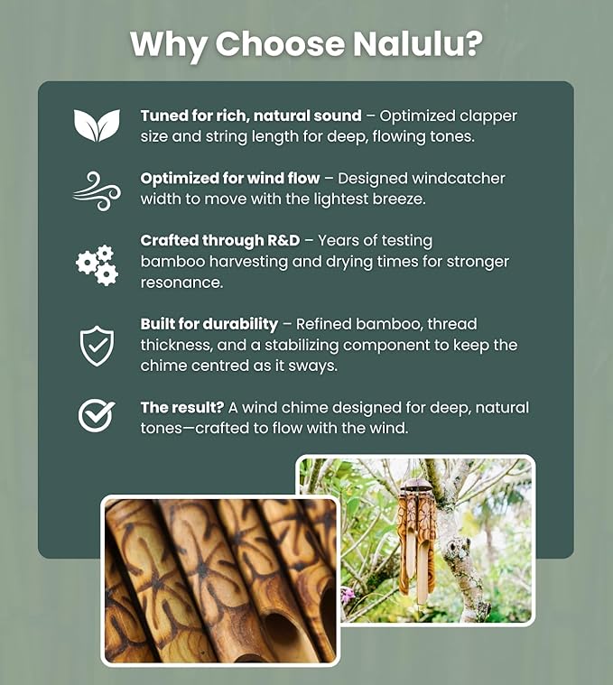 Nalulu Rustic Bamboo Wind Chimes - Outside Outdoor Wooden Windchimes, Medium, Floral Burned Design with Coconut Crown, Handcrafted with Calming Deep Tones, Home Decor Ideal Gift for Him & Her