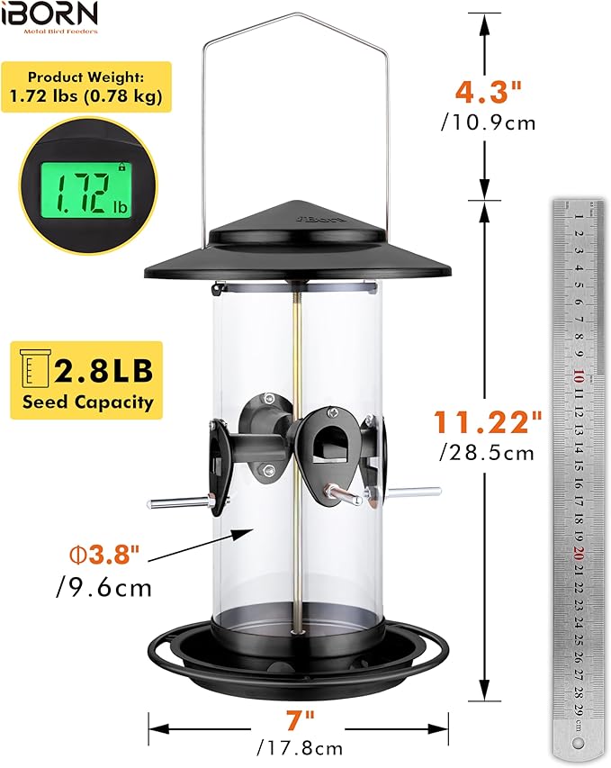 iBorn Metal Bird Feeder for Outside Hanging,Wild Bird Feeders for Cardinal,18cm Large Roof&Tray Black 10 Port(Seed is not Included)