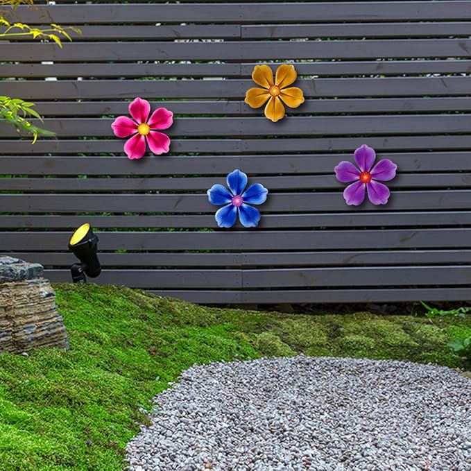 Giyyomtr Flowers Outdoor Wall Decor - 4 Pack 6.2'' Metal Flower Wall Art Hanging Decorations for Outdoor Fence Garden Yard Patio Exterior Decor