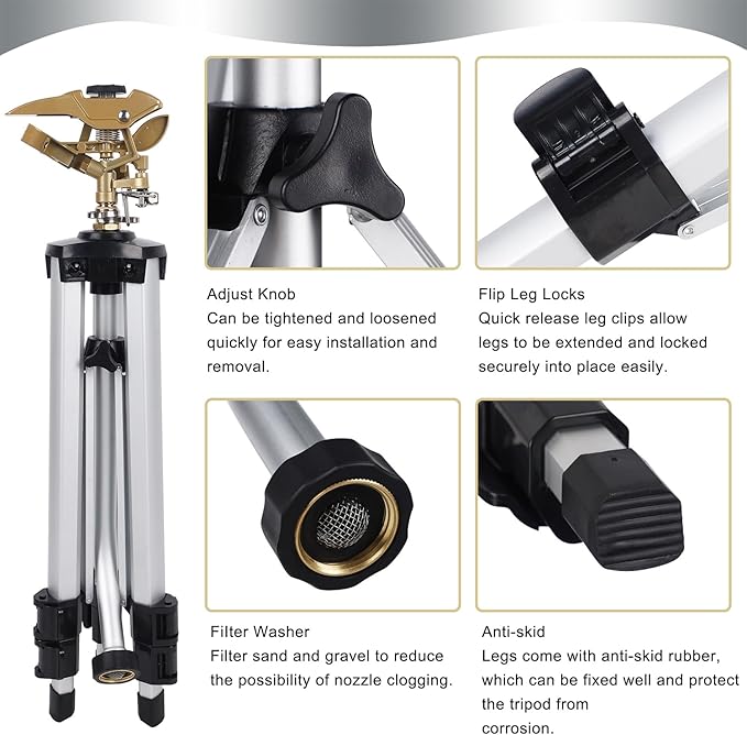 Biswing Large Impact Sprinkler Head on Tripod Base, Adjustable Zinc Alloy Lawn Sprinklers for Yard Lawn Garden, 3/4" NH Connector, 360 Degree Large Area Coverage Irrigator with Extension Legs, 2 Pack