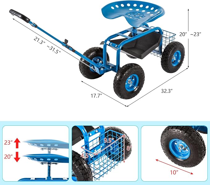 KINTNESS Garden Cart Rolling Work Seat with Tool Tray and Storage Basket on Wheels Heavy Duty Garden Scooter Gardening Planting