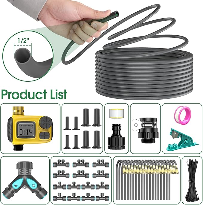 98FT 1/2" Drip Irrigation System Kit with Smart Water Timer for Garden,Automatic Watering System with 20pcs 360° Adjustable Copper Nozzles, Irrigation System for Garden,Yard, Lawn,Greenhouse