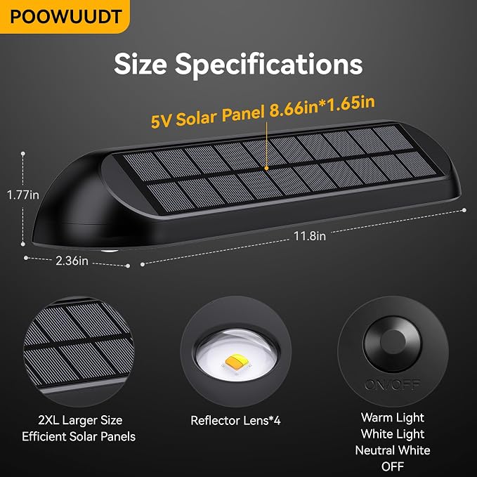 11.81inch Solar Fence Lights Outdoor Waterproof, 3-Mode (3000K/4000K/6000K),4 LED with Upgraded High-Efficiency Solar Panel & Wide Beam for Backyard/Patio/Deck/Step/Home Improvement(4 Pack)