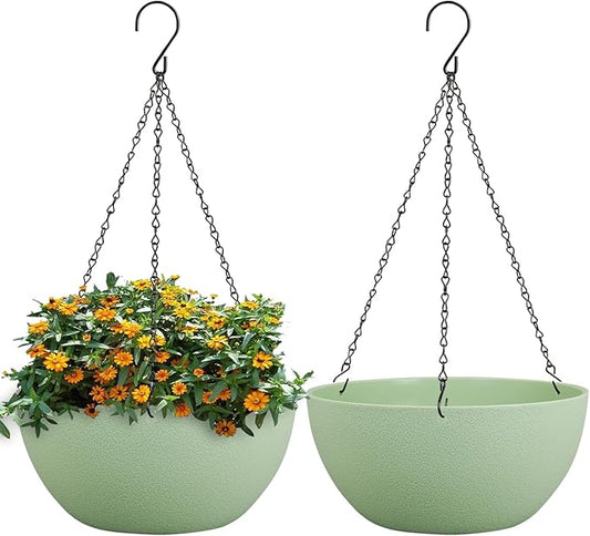 WSMKSZ 10 inch Hanging Planters for Outdoor Indoor Plants with Drainage Holes and Chain, 2 Pack Round Hanging Flower Pots for Garden Home Porch Decor,Green