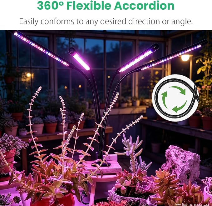 Full Spectrum 4 Heads LED Plant Grow Light with Flexible Gooseneck, 3/9/12H 3 Modes 10 Dimmable Levels, 80 LEDs Clip On Grow Light for Indoor Plants, Seed Starting, Flowers & Vegetables