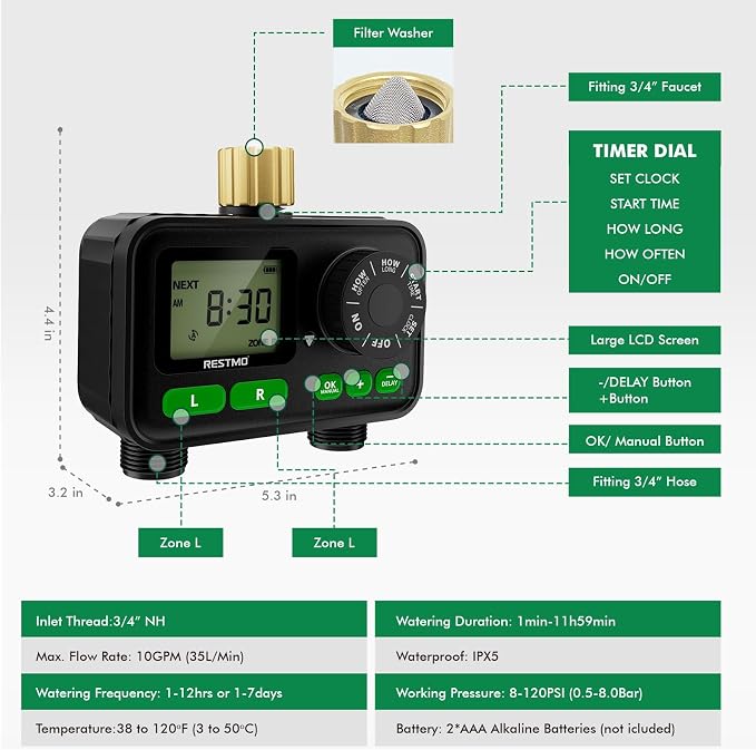 RESTMO Sprinkler Timer for Outdoor Hose Faucet 2 Pack, Max 11h59m Programmable Water Timer for Garden Soaker Hose, Misting with Brass Inlet & Large Dial, Rain Delay/Manual/Automatic Irrigation System