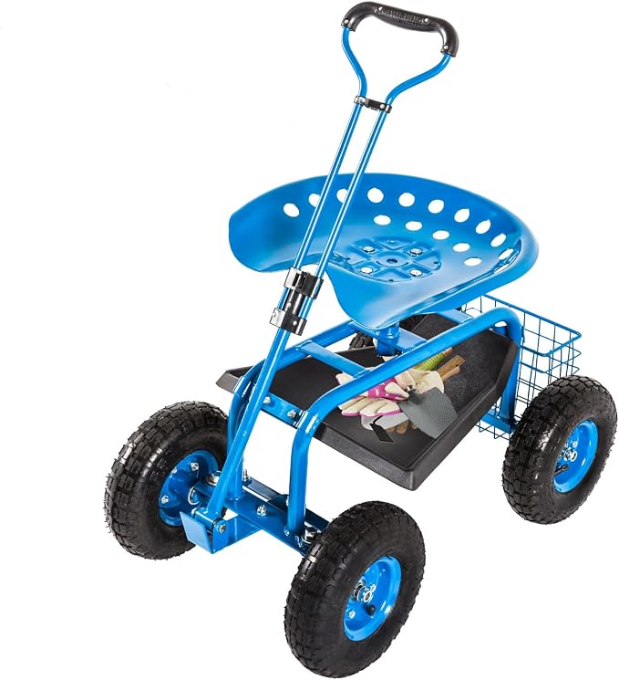 KINTNESS Garden Cart Rolling Work Seat with Tool Tray and Storage Basket on Wheels Heavy Duty Garden Scooter Gardening Planting