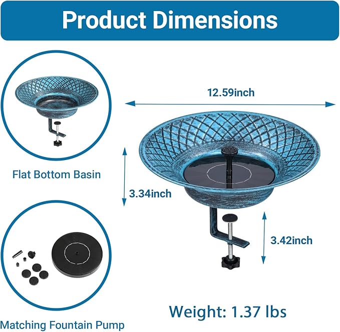 12.6" Solar Bird Bath for Deck Railing, Detachable Metal Bird Bath Bowl with 3.5" Sturdy Clamp, Adjustable Deck Bird Feeder for Outside, 2-in-1 Bird Bath for Patio