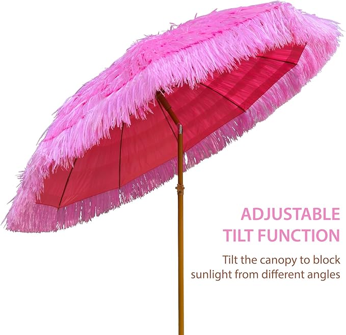AMMSUN 7.5ft Hula Thatched Tiki Patio Beach Umbrella Hawaiian Style 10 Ribs UPF 50+ with Tilt Carry Bag for Outdoor Tiki Bar, Tropical Palapa, Patio Garden Beach Pool Backyard Pink