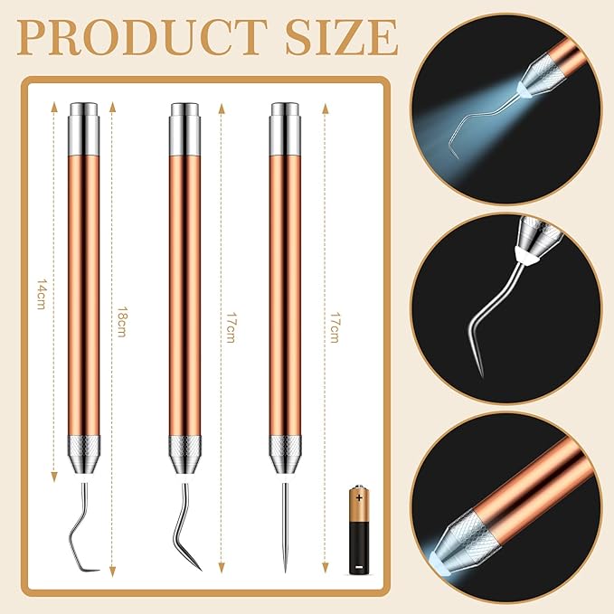 Therwen 3 Pcs LED Weeding Tools for Vinyl with Light Pin and Hook Lighted Weeding Pen for Removing Iron on Tiny Vinyl Paper Iron on Projects Adults and Cutting Machines Supply(Gold)