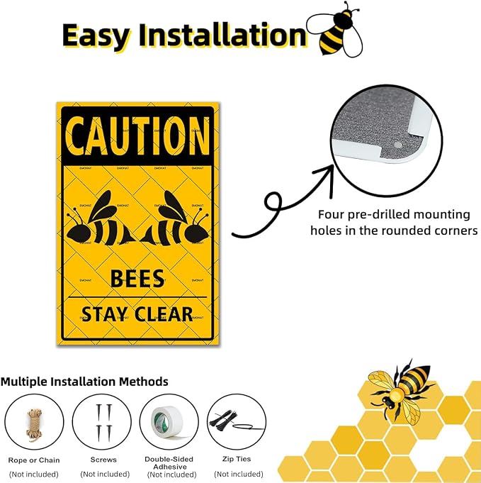 EMOHAT Caution Bees Stay Clear Metal Tin Sign, Aluminum Warning Sign, 8x12 Inch Bee Wall Decor for Garden & Yard, Rustic Farmhouse Outdoor Indoor Decor