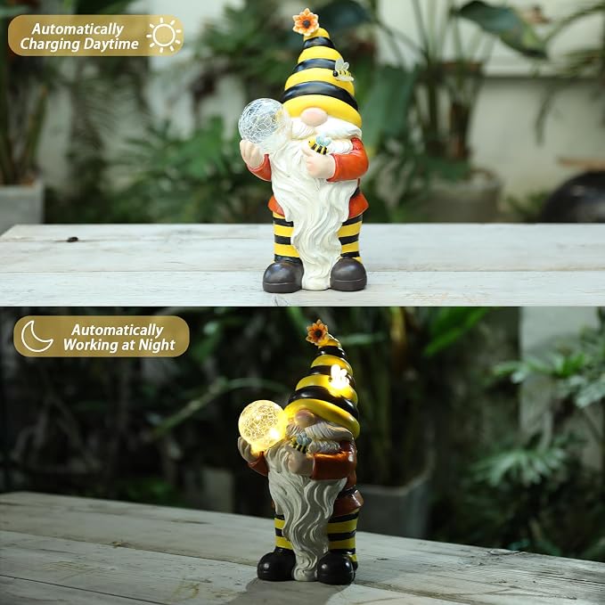 Solar Garden Gnome Statue, Resin Bee Gnome Figurine with Flower and Crackle Glass Globe Lights for Outdoor Decor, Porch Patio Yard Decorations, Garden Gifts for Mom