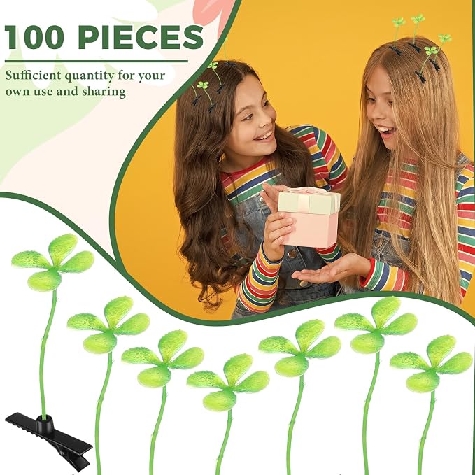 Tigeen 100 Pieces Bean Sprout Hair Clip Funny Plant Hairpins Grass Flower Butterfly Mushroom Hair Accessories (Four Leaf Clover)
