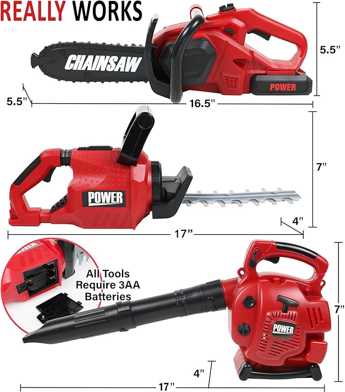 Power Garden Tools Set for Kids Battery Operated Toy Leaf Blower, Hedge Trimmer and Chainsaw Pretend Play for Boys Girls