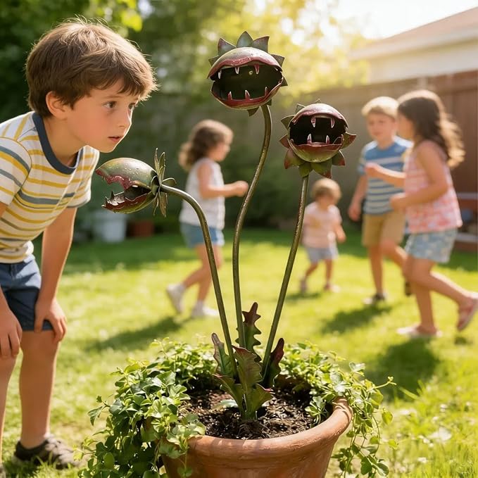 Orgone Whimsical Metal Carnivorous Plant Garden Stake, 25 Inch Large Venus Flytrap Monster Plant Sculpture, Durable Yard Art for Patios Planters Flower Beds Unique Quirky Garden Gift (2PCS B)