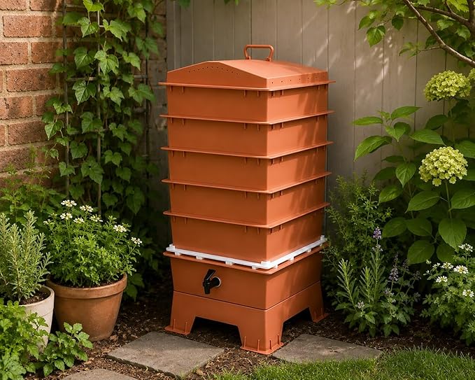 Original Vermihut ® 5 – Tray Worm Composter, Sustainable Design for Both Indoor & Outdoor, Worm Compost Bin for Vermicomposting Starter, Recycling Food Wastes (Terracotta)