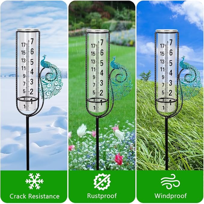 Stargarden Rain Gauge, Outdoor Peacock Rain Gauge, 7 Inch Tube Rain Measure Tool for Yard, Lawn, Garden Decor