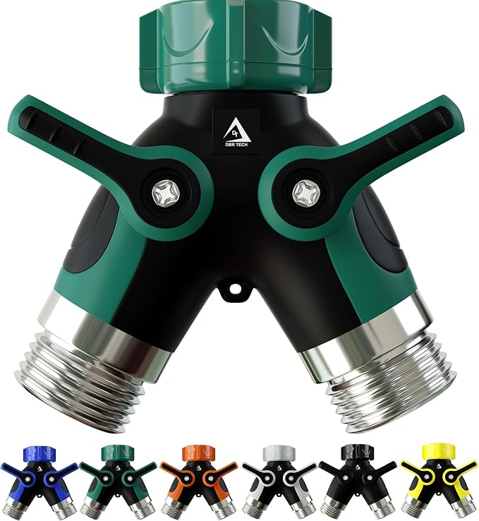 DBR Tech® Hose Splitter 2 Way, Heavy Duty Metal Connector, Two Way Garden Hose Splitter, High Flow Spigot Faucet Bib Adapter, Solid Double Y Shut Off Valve for Outdoor Gardening Hoses, Green