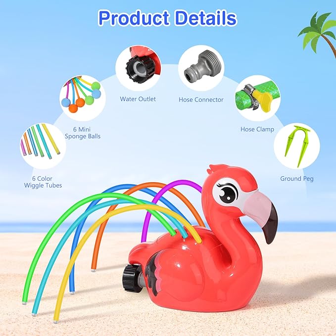 MoKo Water Sprinkler for Kids,Cute Spray Flamingo Toys with 6 Wiggle Tubes 6 Sponge Balls 1 Hose Clamp Outdoor Summer Sprinklers for Garden Backyard Lawn Splashing Fun Toys for Pet, Red Flamingo