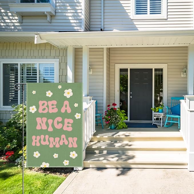 Perfectinsoy Be A Nice Human Garden Flag, Kindness Yard Flag, Community Welcome House Yard Home Holiday Farmhouse Patio Porch Lawn Decor, Floral Garden Flag Gifts, Be Nice Garden Banner