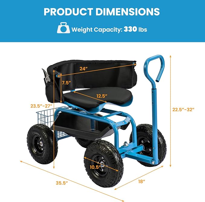 Byroce Rolling Garden Cart with Seat, Heavy Duty Wheelbarrow Utility Cart with Metal Frame, Swivel Seat, Tool Tray, Storage Basket & Adjustable Handle, Outdoor Garden Wagon Scooter for Yard (Blue)